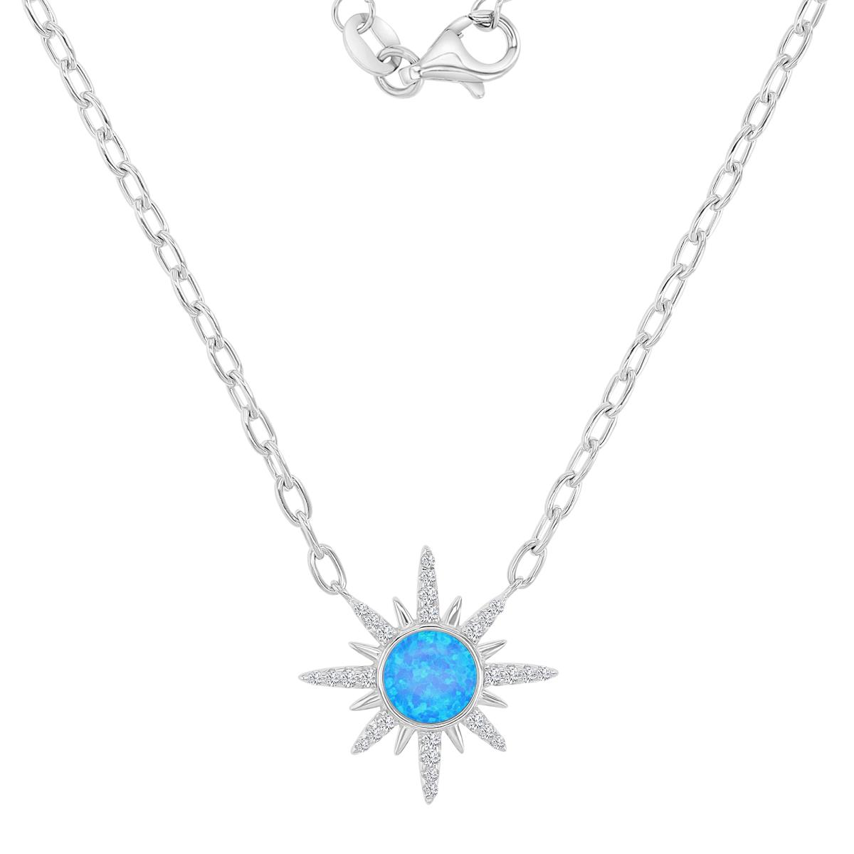 Sterling Silver Rhodium 18.5X18.5MM White CZ & Blue Opal Starburst 18+2" Necklace