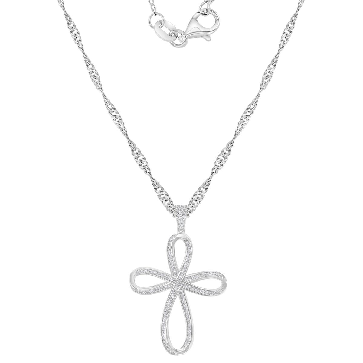Sterling Silver Rhodium 28x43mm White CZ Cross Singapore 18+2" Necklace