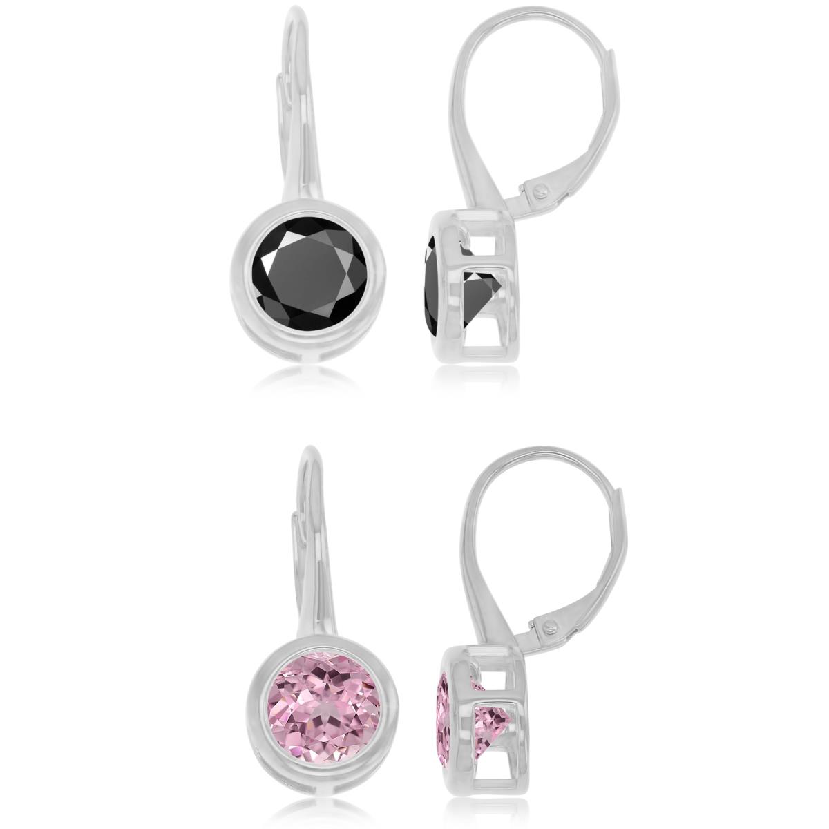 Sterling Silver Rhodium 23X10MM Polished Created Pink Sapphire & Black Spinel Bezel Solitaire Lever Back Earrings Set