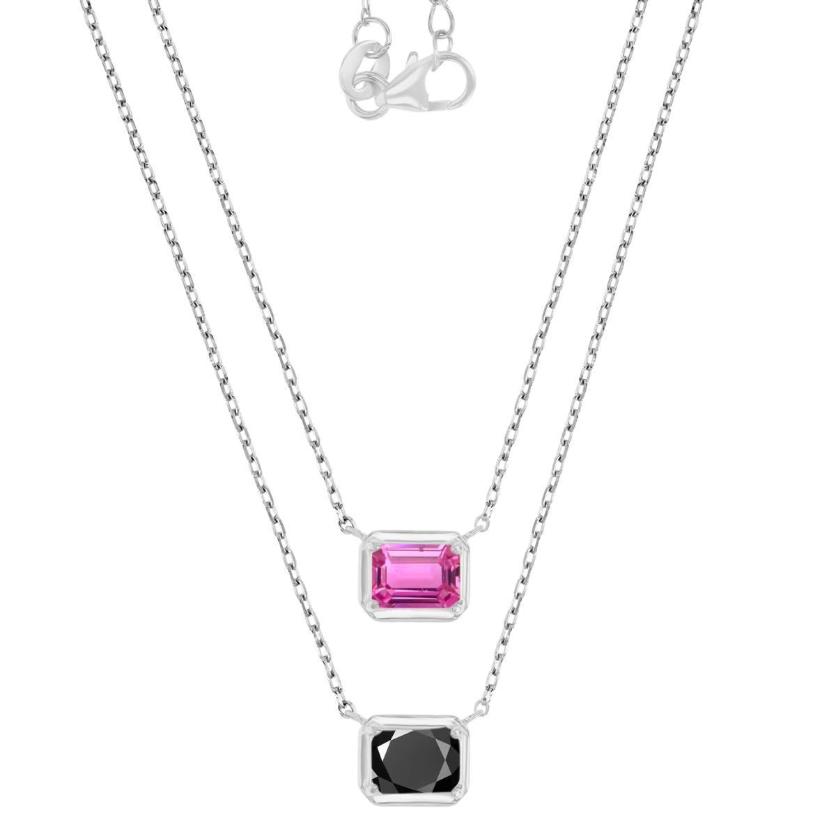 Sterling Silver Rhodium 9X7MM Polished Created Pink Sapphire & Black Spinel Emerald Cut 16+2" Necklaces Set