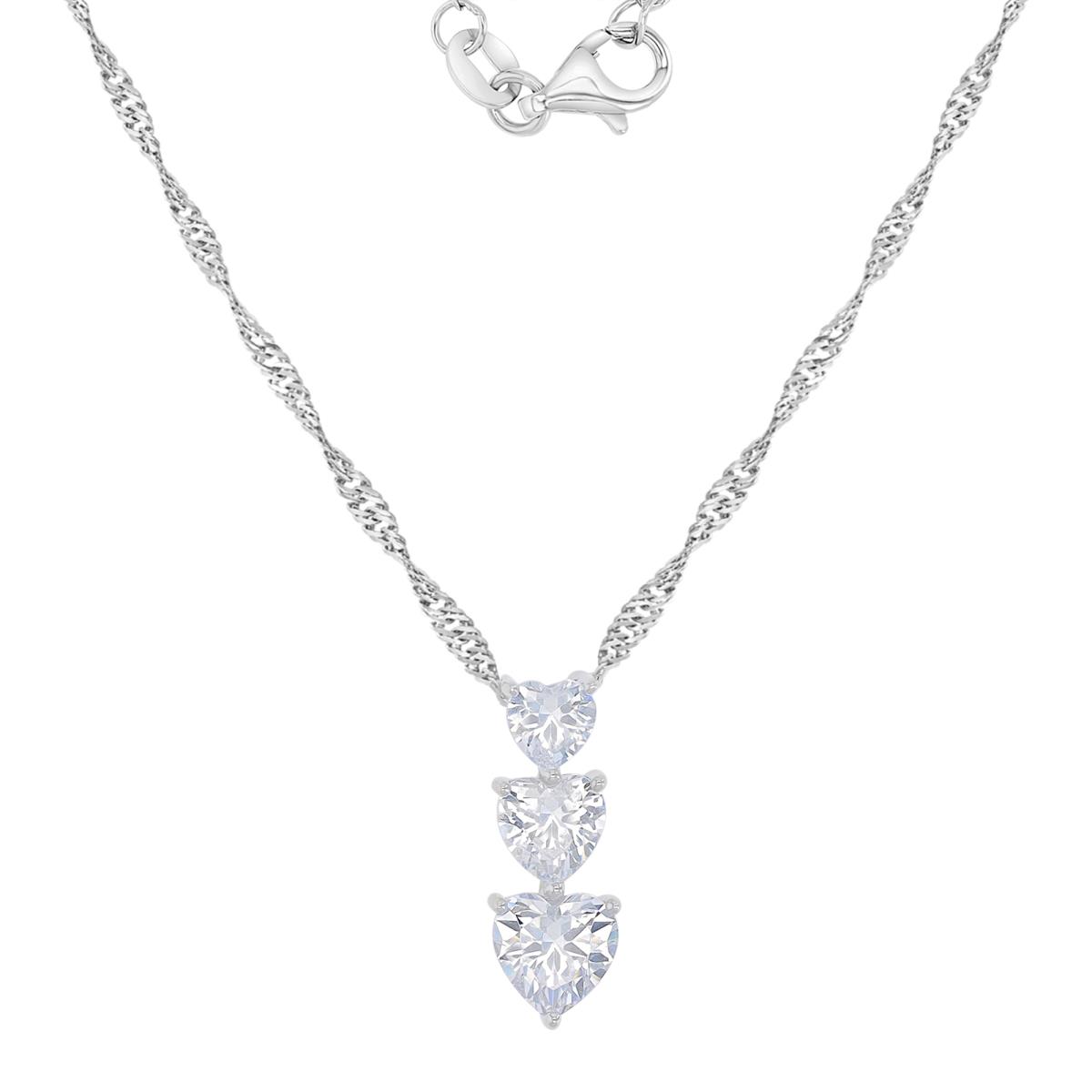 Sterling Silver Rhodium 7.5X19.7MM White CZ Triple Heart Dangling Singapore Chain 18+2" Necklace