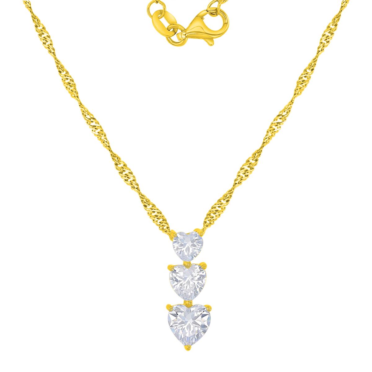 Sterling Silver Yellow 7.5X19.7MM White CZ Triple Heart Dangling Singapore Chain 18+2" Necklace