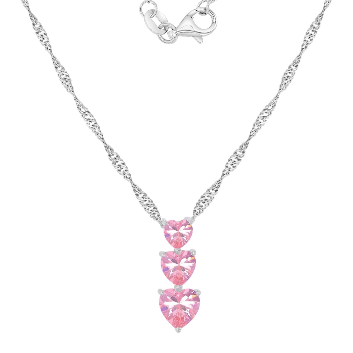 Sterling Silver Rhodium 7.5X19.7MM Pink CZ Triple Heart Dangling Singapore Chain 18+2" Necklace