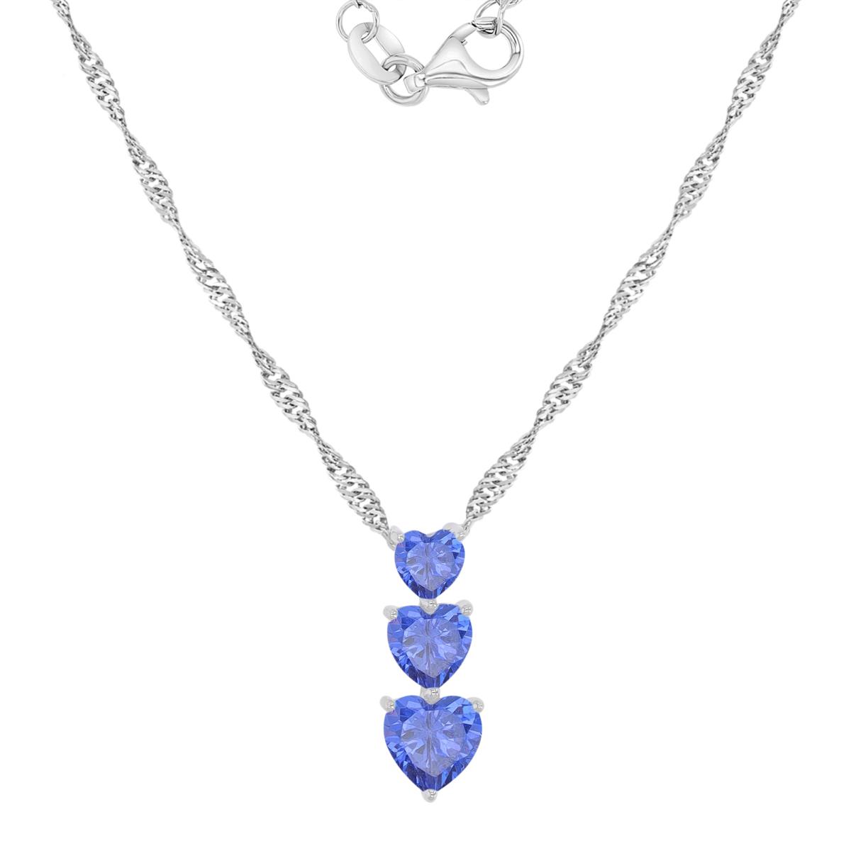 Sterling Silver Rhodium 7.5X19.7MM Tanzanite Triple Heart Dangling Singapore Chain 18+2" Necklace