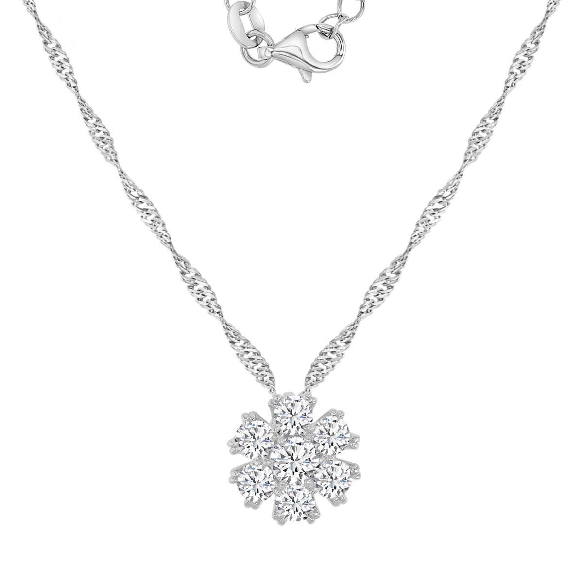 Sterling Silver Rhodium 13.5MM White CZ Flower Singapore Chain 18+2" Necklace