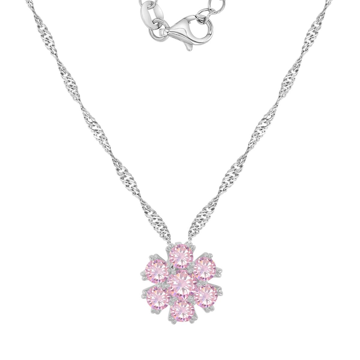 Sterling Silver Rhodium 13.5MM Pink CZ Flower Singapore Chain 18+2" Necklace