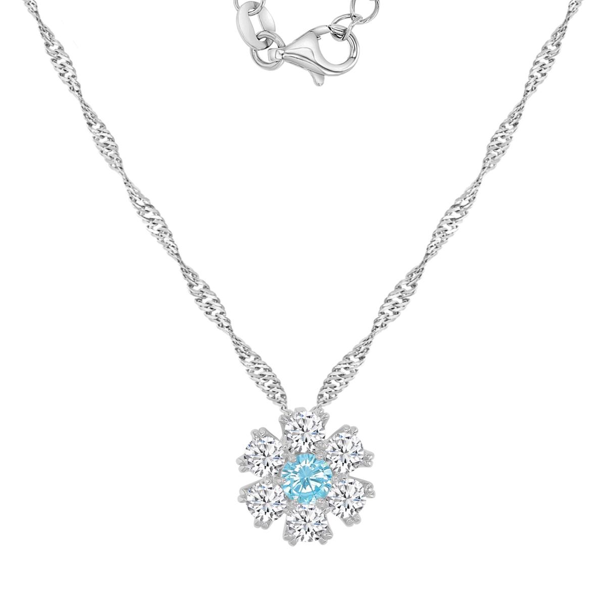 Sterling Silver Rhodium 13.5MM Aqua Blue & White CZ Flower Singapore Chain 18+2" Necklace