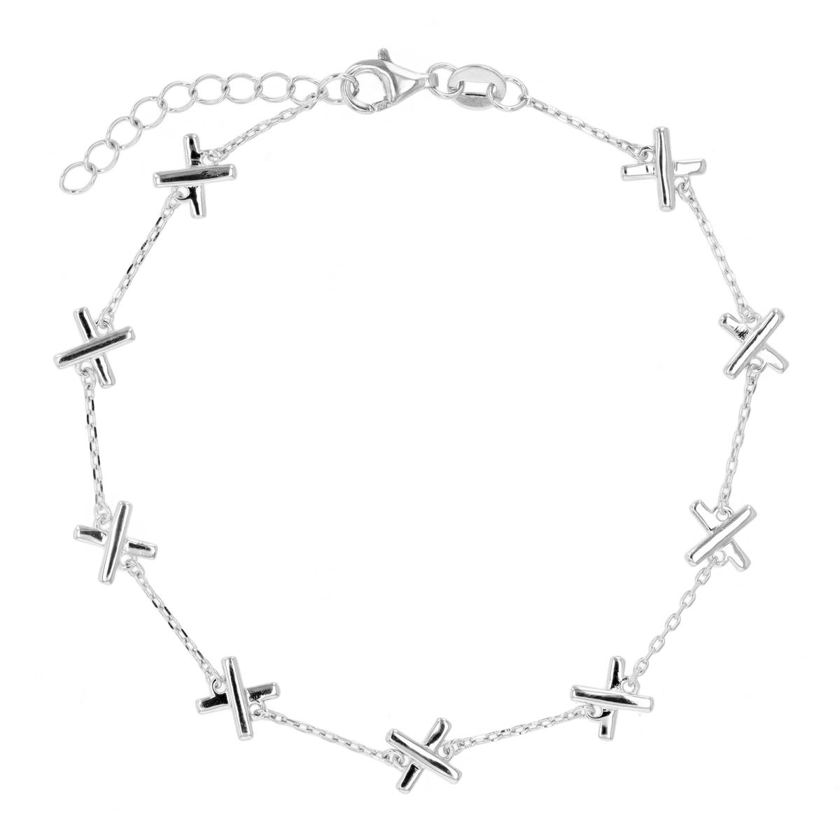 Sterling Silver Rhodium Polished "X" 9+1" Anklet