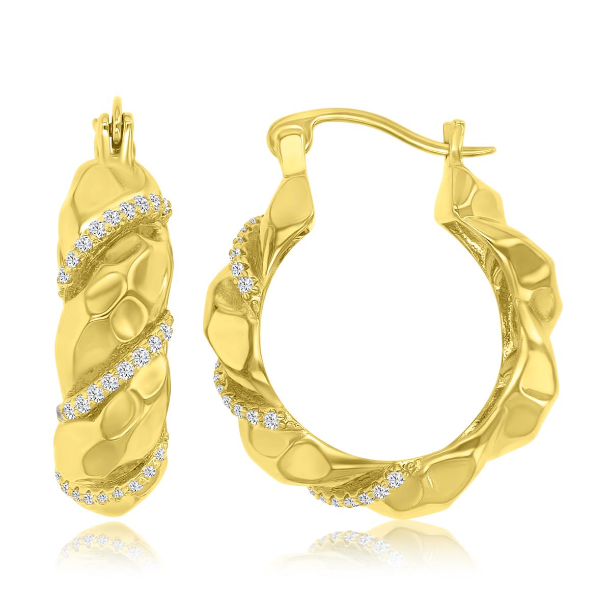 Brass Yellow 26mm White CZ Diamond Cutting Hoop Earrings