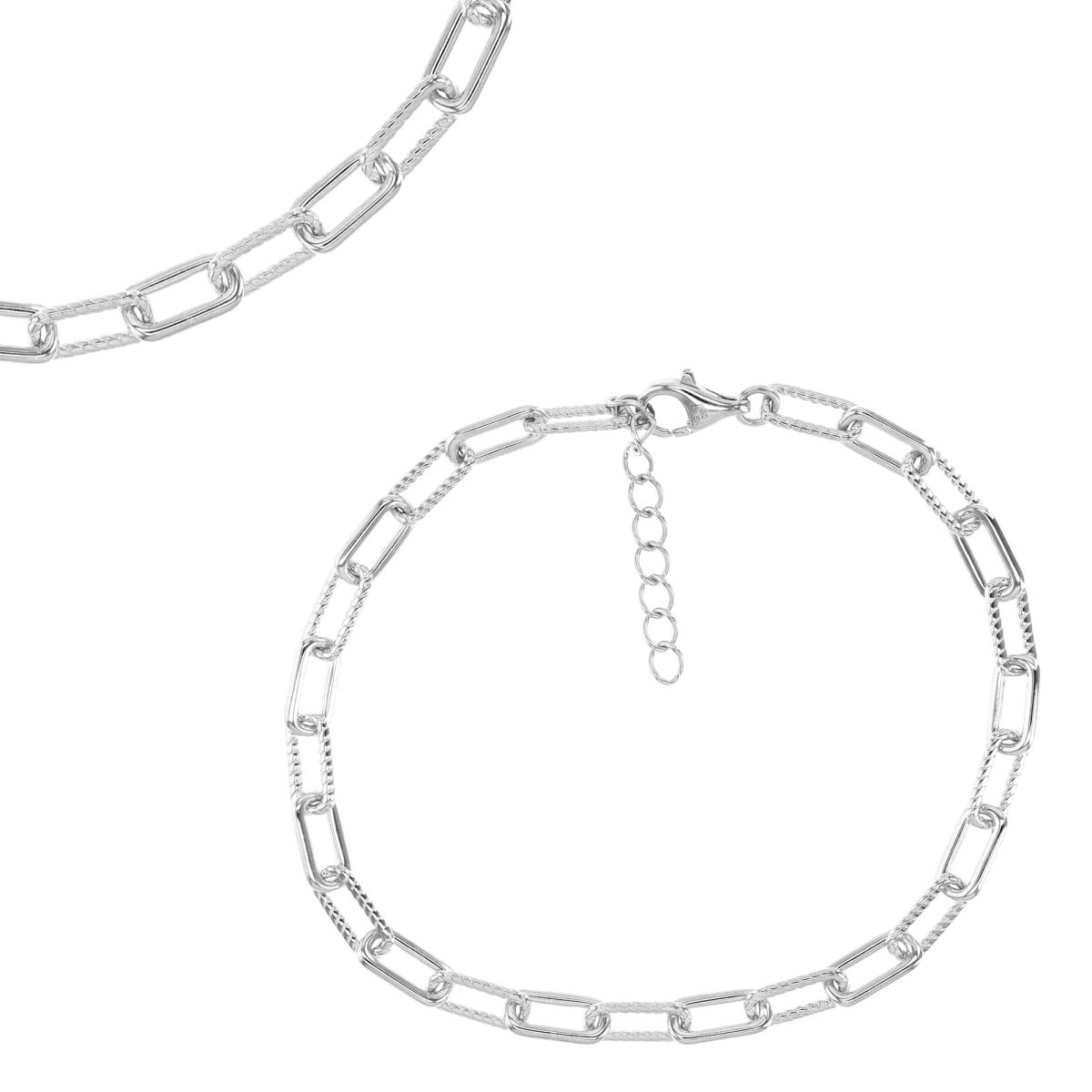 Sterling Silver Rhodium 9+1" Polished & Texture Link Anklet
