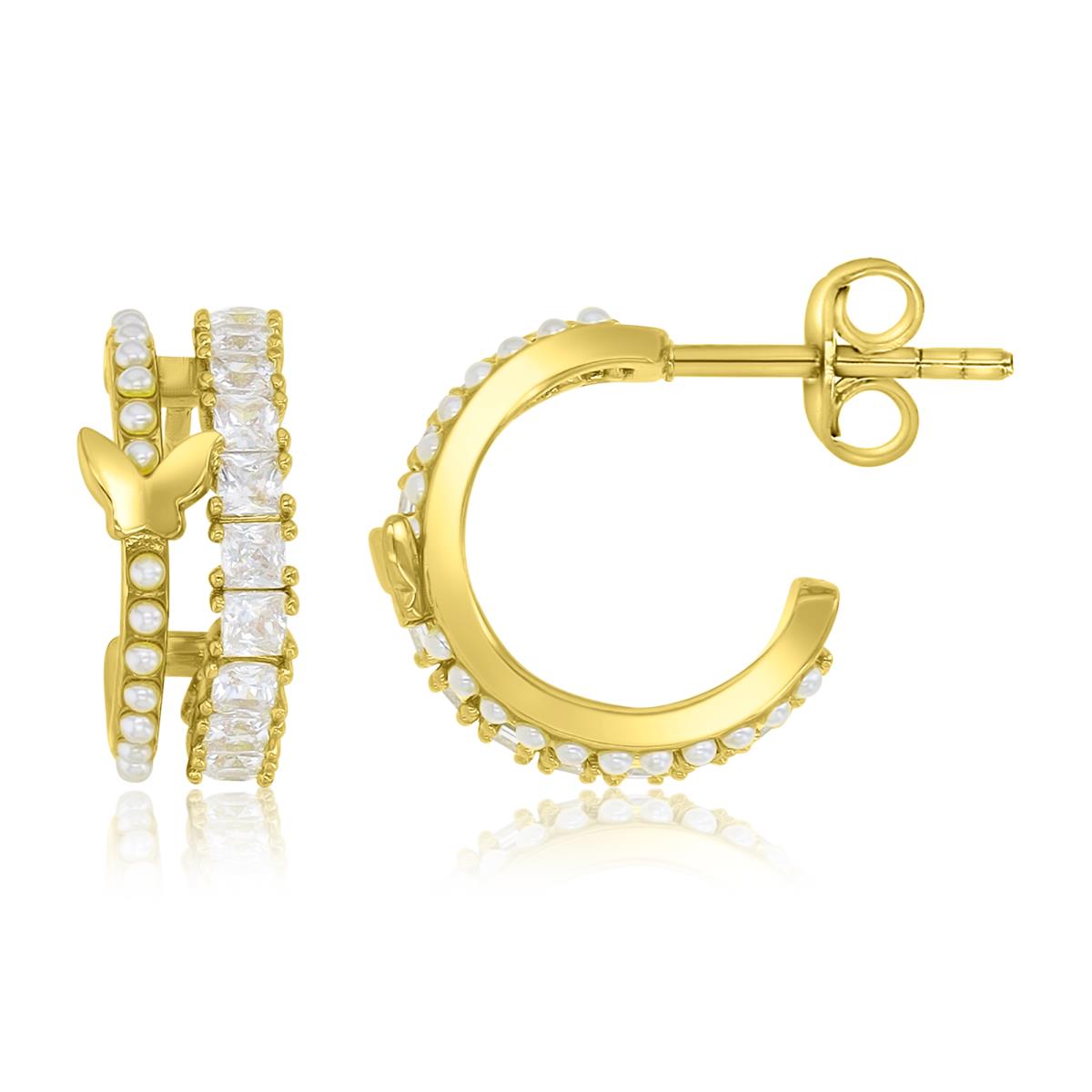 Brass Yellow 15mm White CZ & Simulated Pearl Elegant Retro Huggie Earrings 