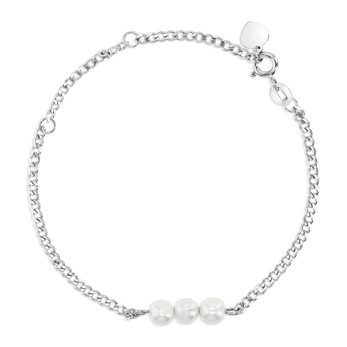 Sterling Silver Rhodium 5MM Polished White Simulated Pearl Cuban 9+1'' Anklet