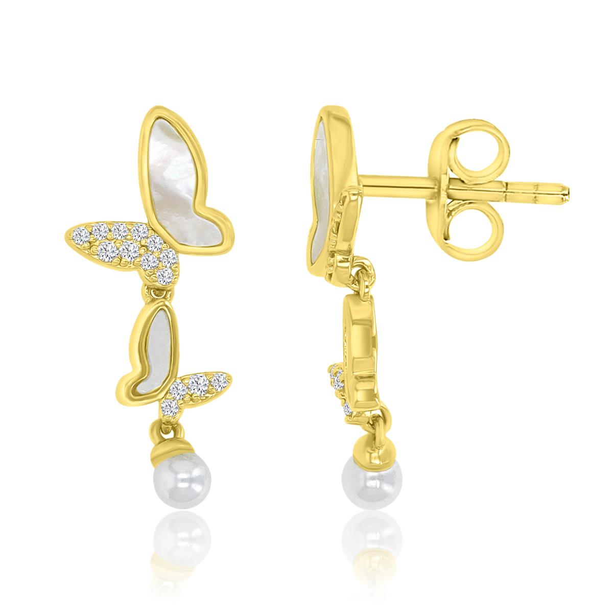 Sterling Silver Yellow 24mm White CZ & Simulated Pearl Luxury Butterfly Dangling Earrings