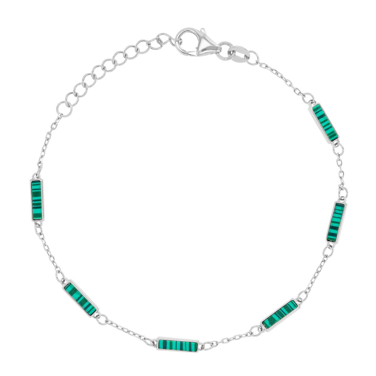 Sterling Silver Rhodium 3x11.5mm Malachite Stations 9+1" Anklet