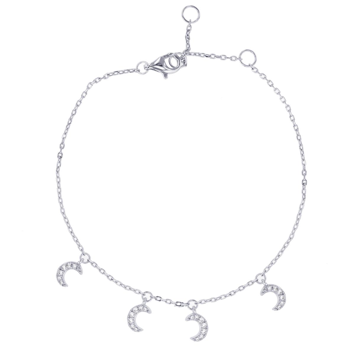 Sterling Silver Rhodium Rnd CZ Moon Charms 9+1"Chained Bracelet