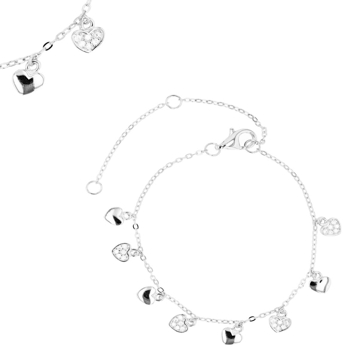 Sterling Silver Rhodium 6X5MM 9+1"Dangling Heart White CZ Bracelet