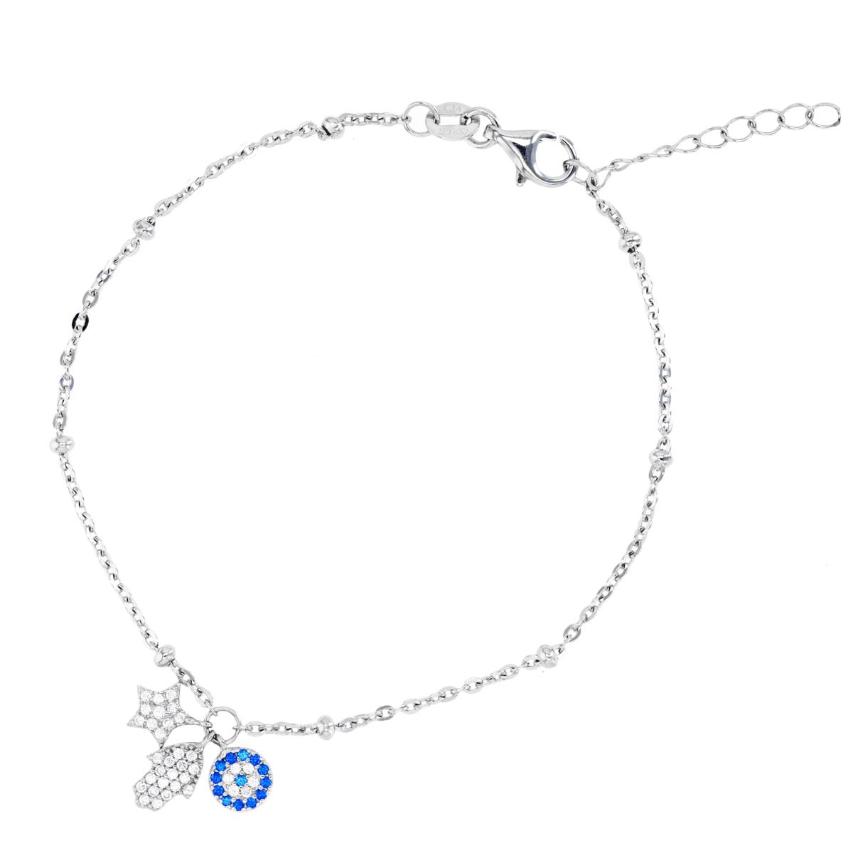 Sterling Silver Rhodium & #113 Blue and White CZ Hamsa, Star and Evil Eye Charm 9+1" Anklet