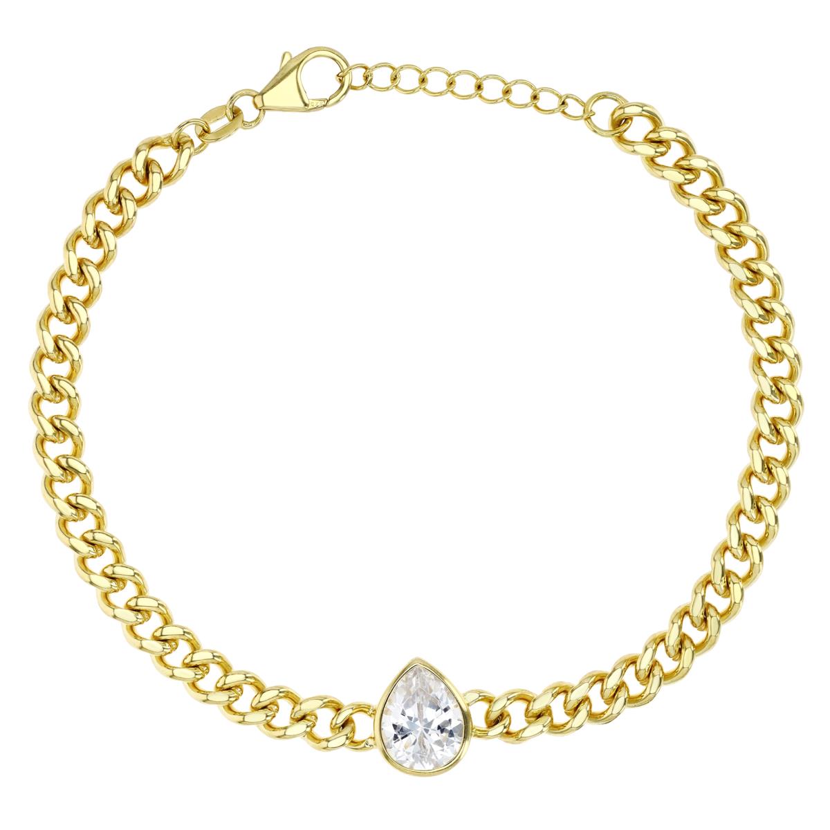 Brass Yellow 11MM Polished White CZ Pear Shape 9+1'' Cuban Anklet