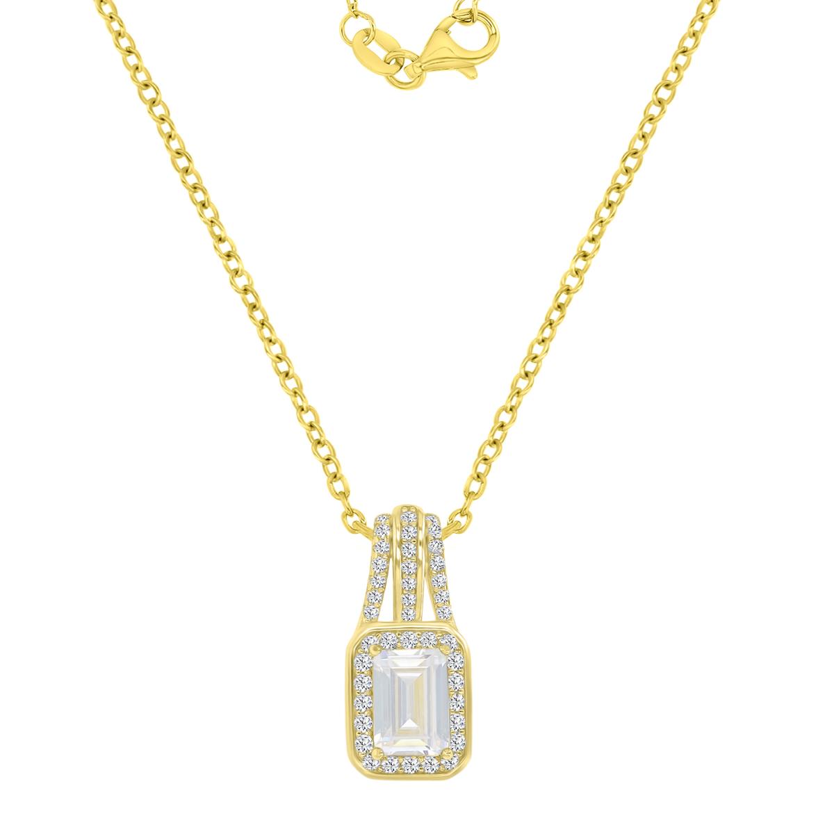 Sterling Silver Yellow 18X8.3MM Polished White CZ Emerald Cut Dangling Pendant Cable Chain 16+2" Necklace
