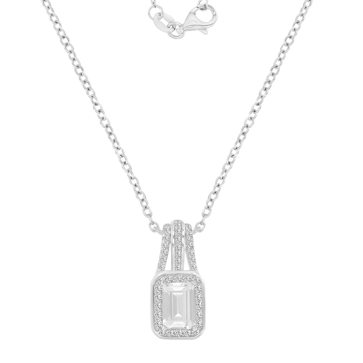 Sterling Silver Rhodium 18X8.3MM Polished White CZ Emerald Cut Dangling Pendant Cable Chain 16+2" Necklace