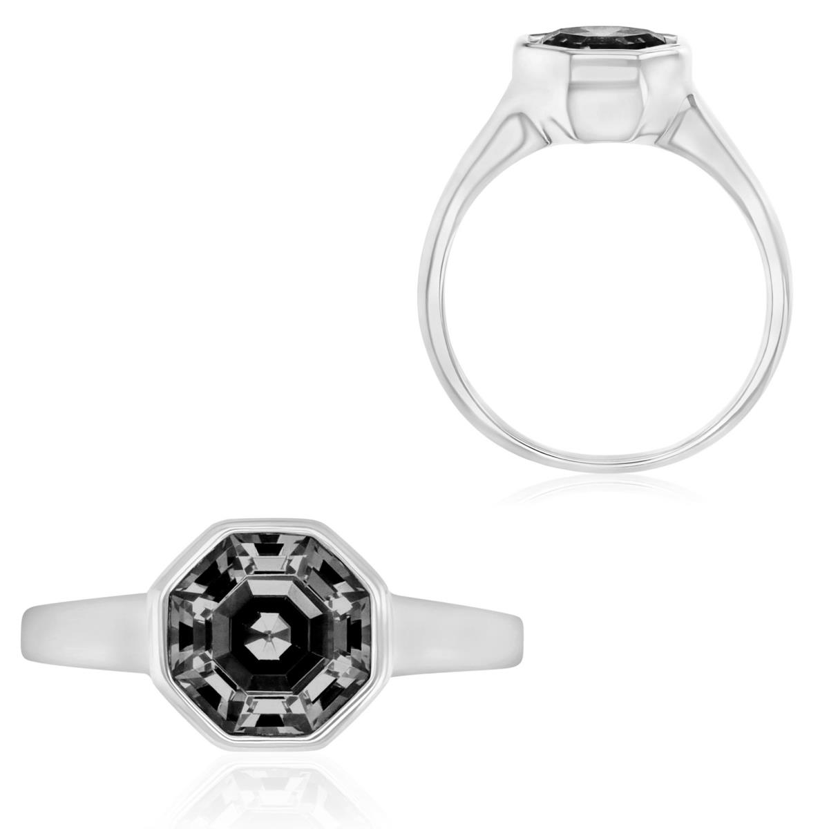 Sterling Silver Rhodium 10MM Polished White CZ Octagon Cut Bezel Engagement Ring