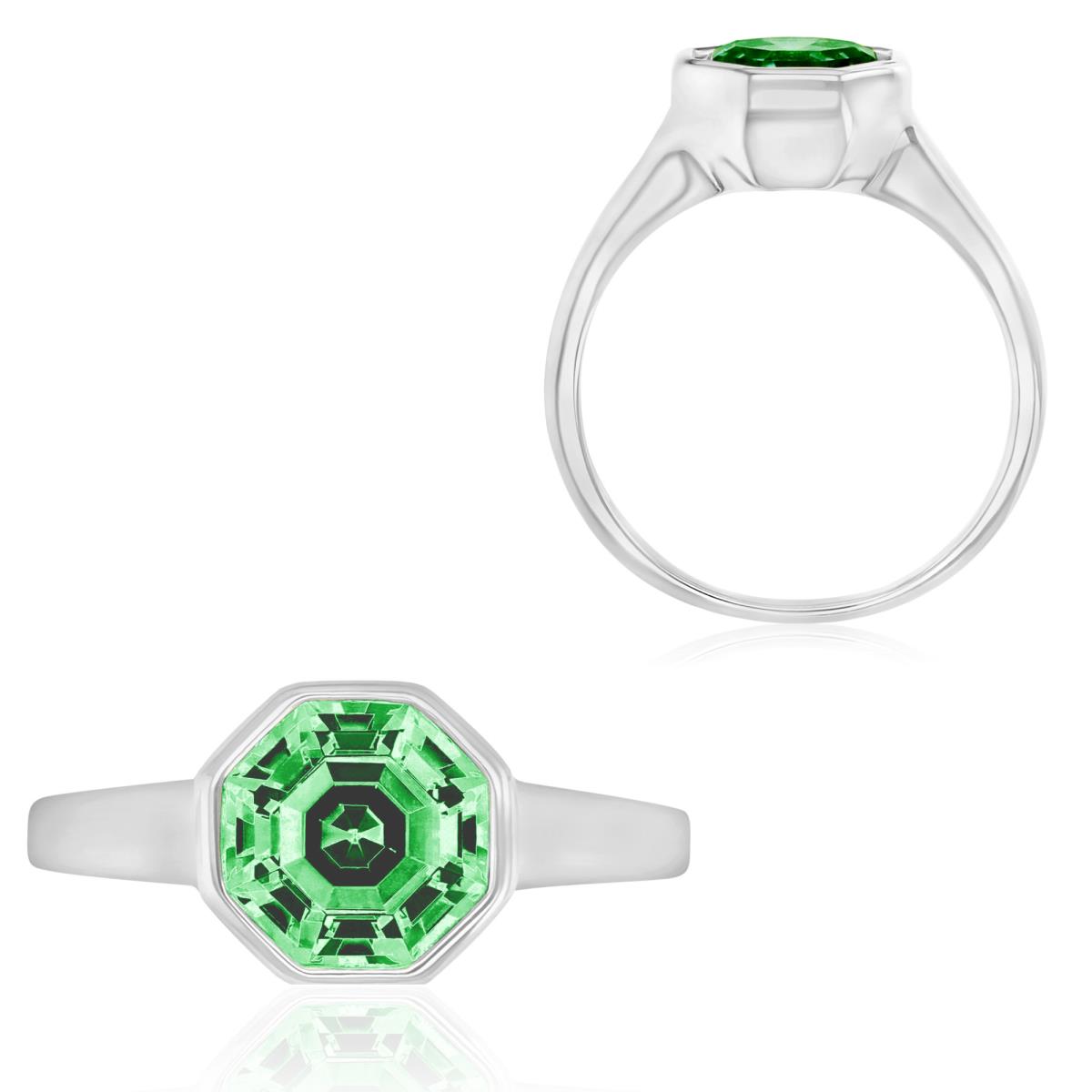 Sterling Silver Rhodium 10MM Polished Green Stone Octagon Cut Bezel Engagement Ring