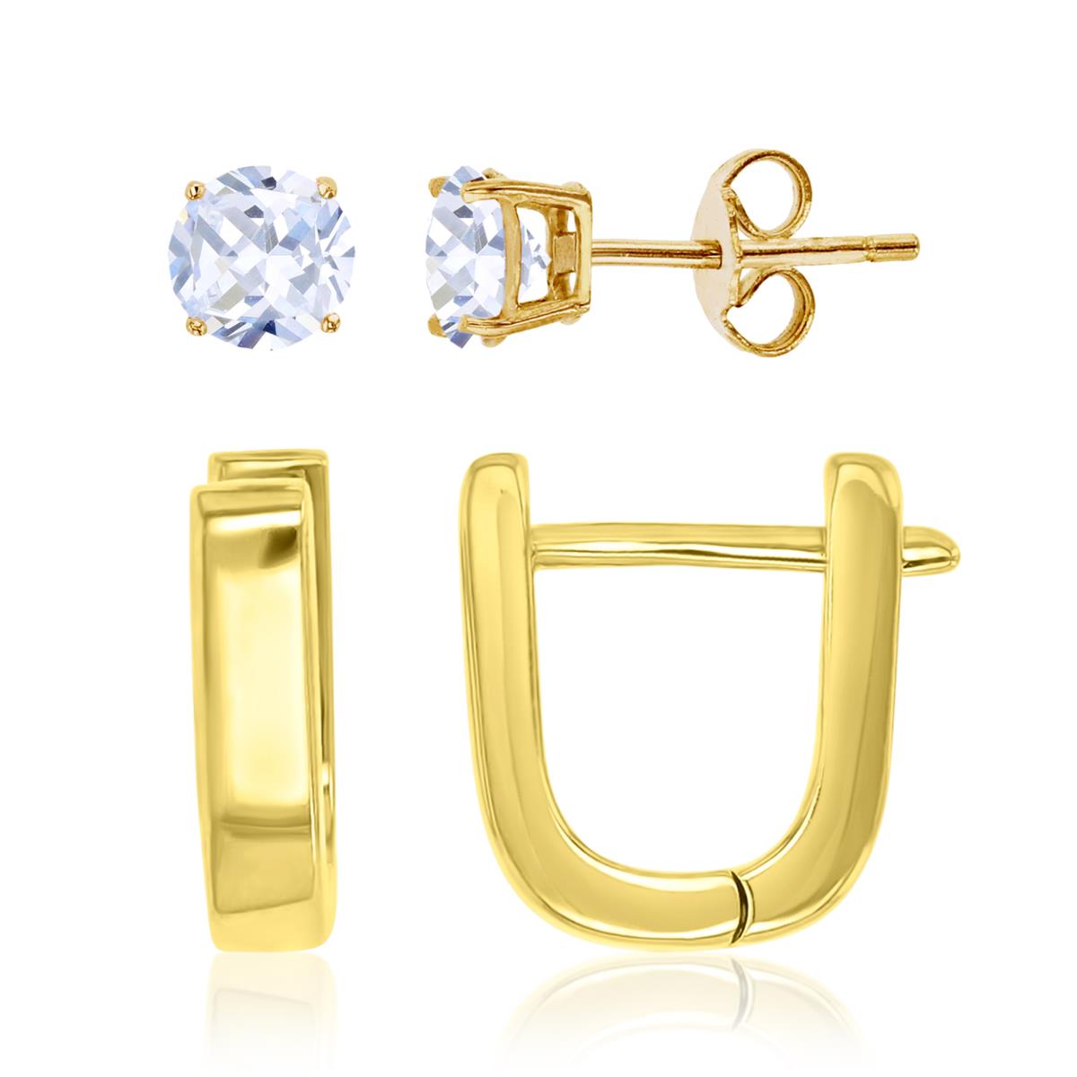 Sterling Silver Yellow 4.0mm Round White CZ Solitaire & 3x12mm Small Oval Huggie Earrings Set