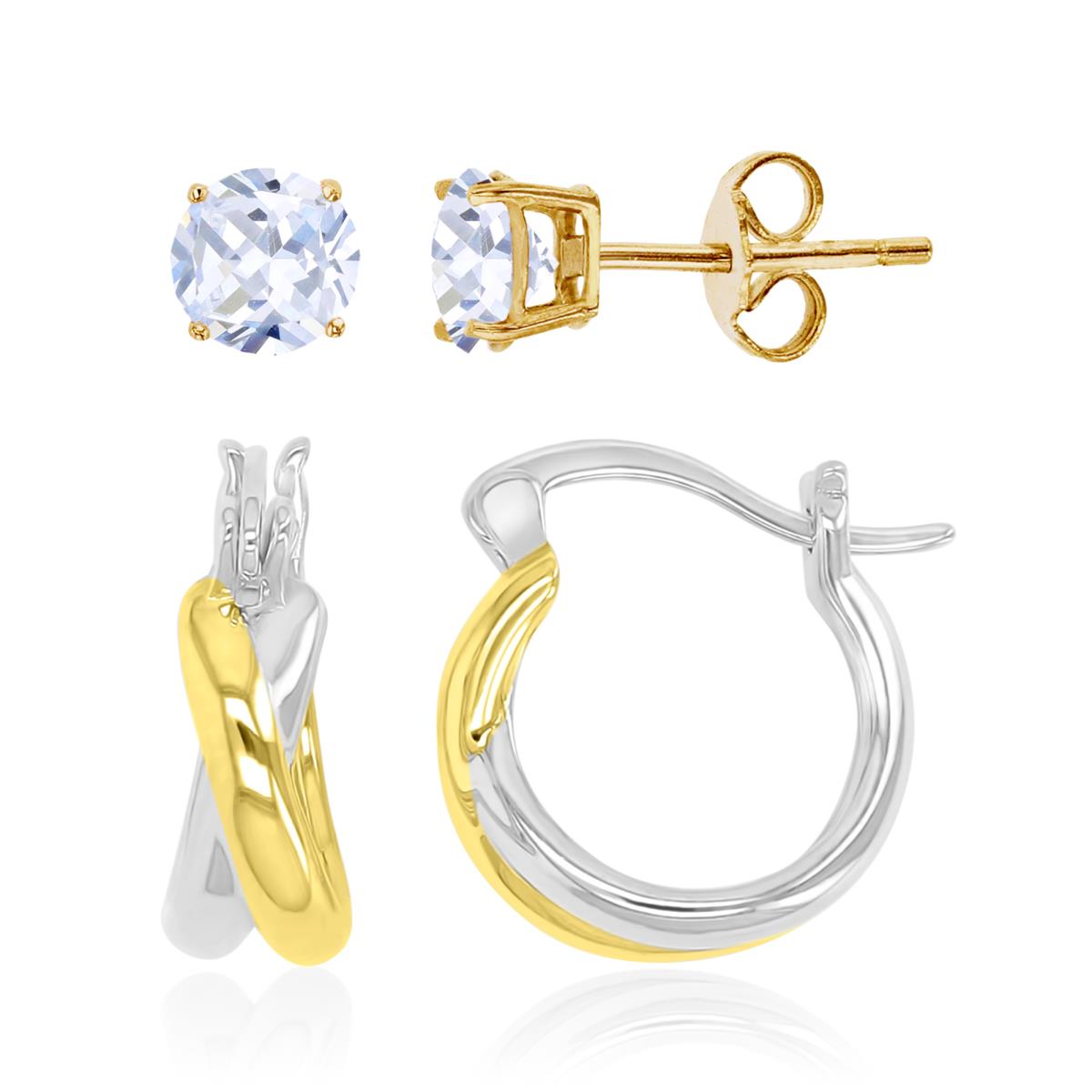 Sterling Silver Yellow & White 4.0mm Round White CZ Solitaire & 5x14mm Crossover Huggie Earrings Set