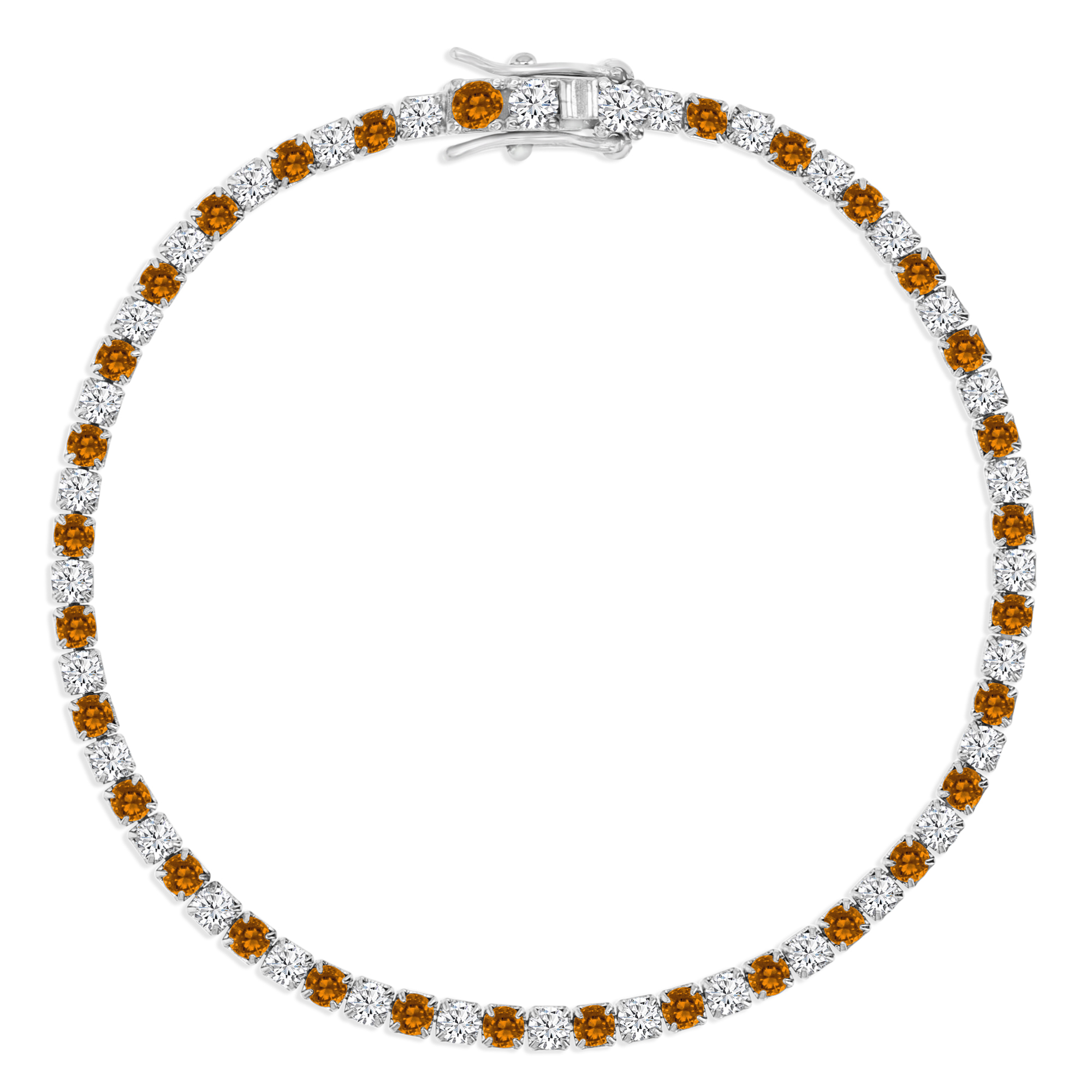 Sterling Silver Rhodium 2.5mm Round CZ & Orange 7" Tennis Bracelet