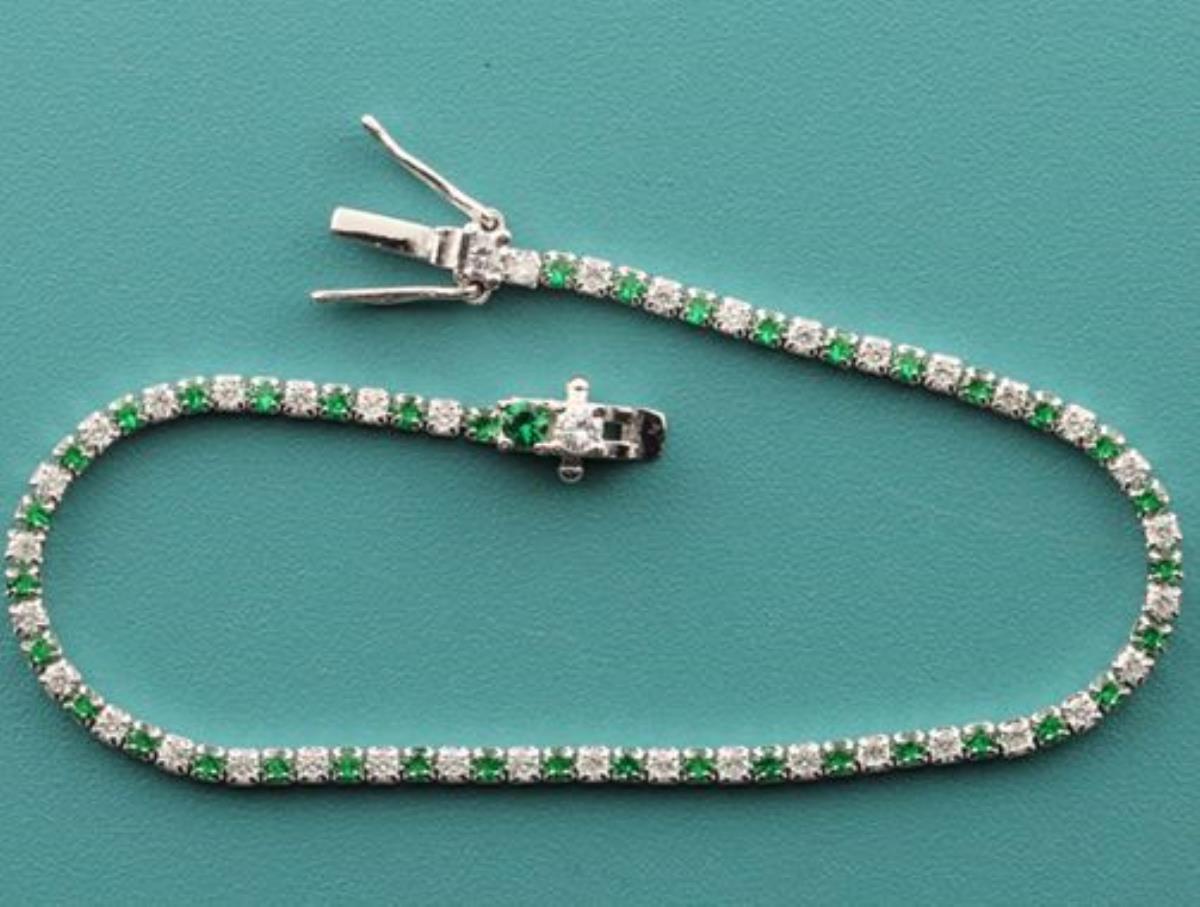 Sterling Silver Rhodium 2mm Clear&Emerald Green Rd Glass 7" Tennis Bracelet