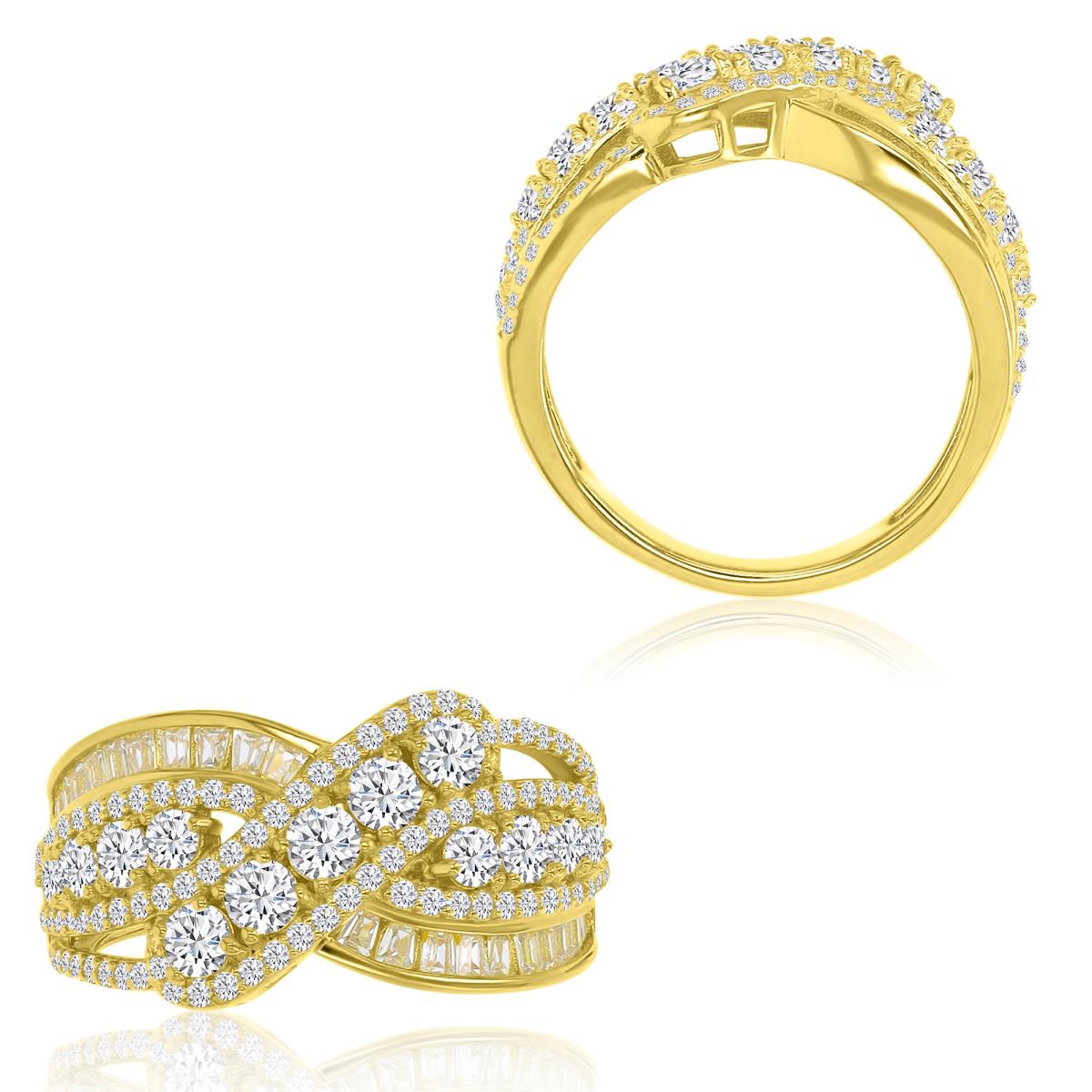 Brass Yellow 11.5mm Round & Baguette White CZ Crossover Fashion Ring