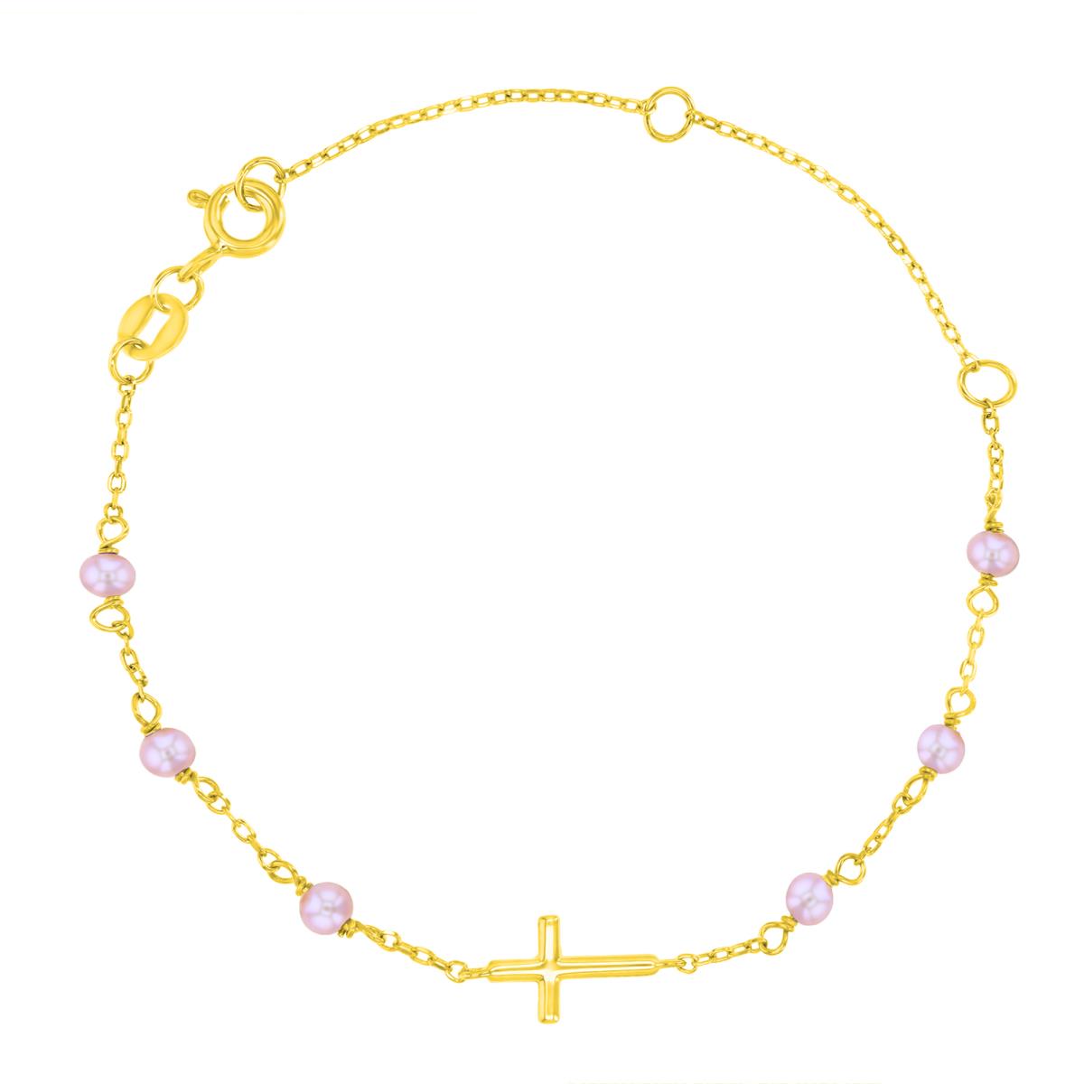 Sterling Silver Yellow 6.5X3MM Polished Cross & White Simulated Pearls 5+1+1" Bracelet
