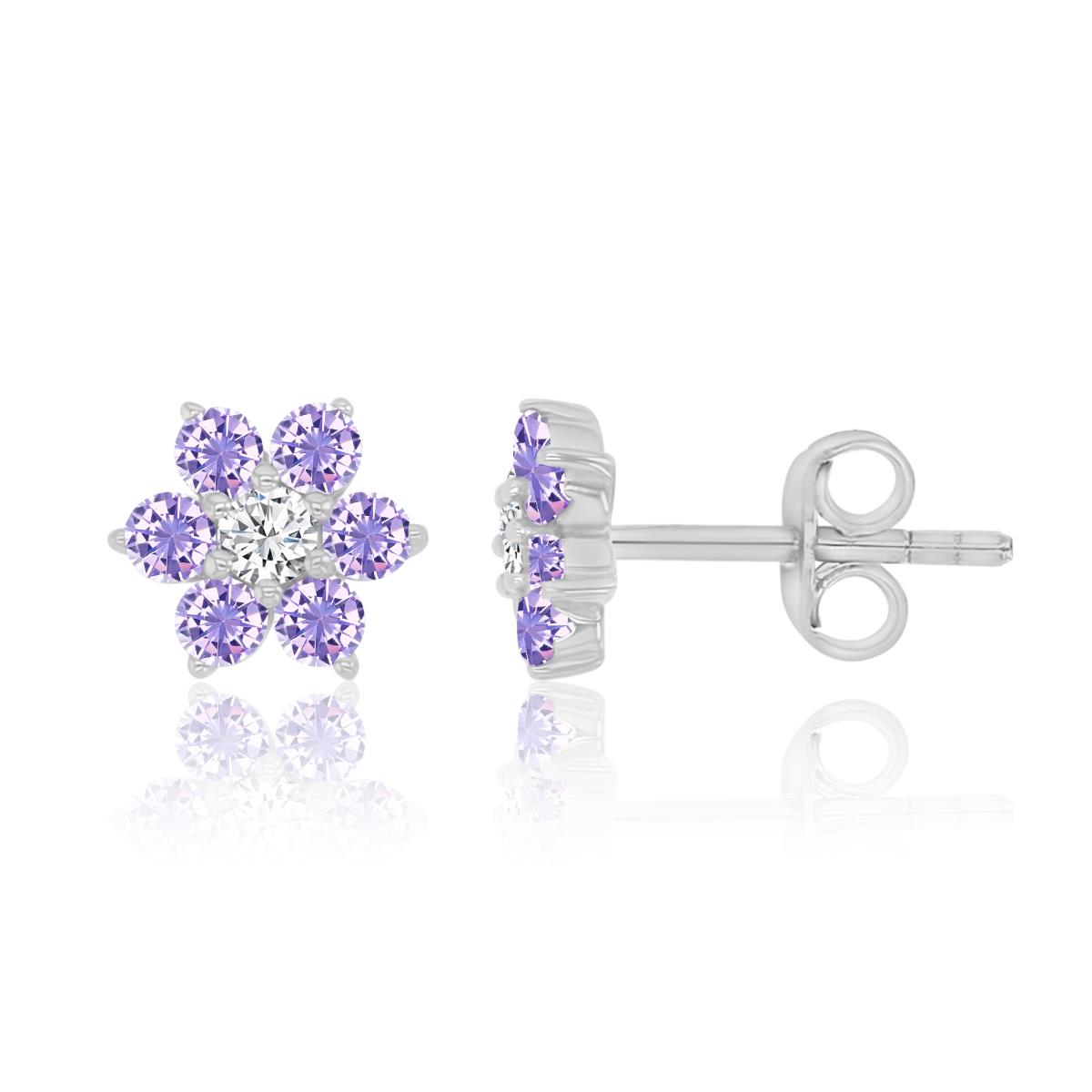 Sterling Silver Rhodium 6MM Polished Lavender & White CZ Flower Stud Earrings
