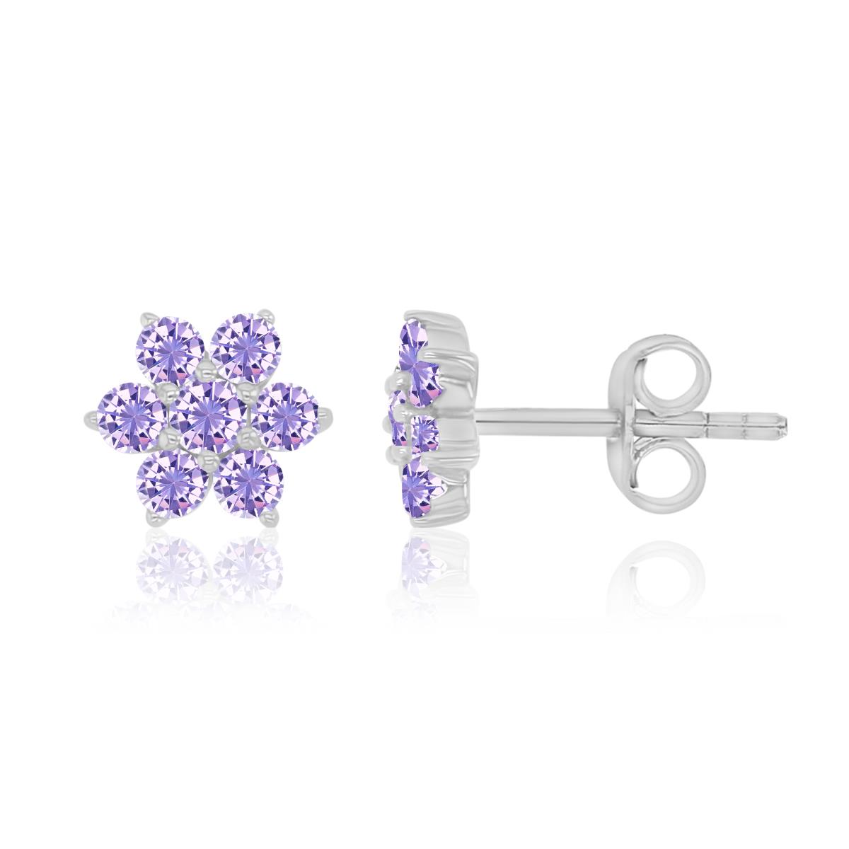 Sterling Silver Rhodium 6MM Polished Lavender CZ Flower Stud Earrings