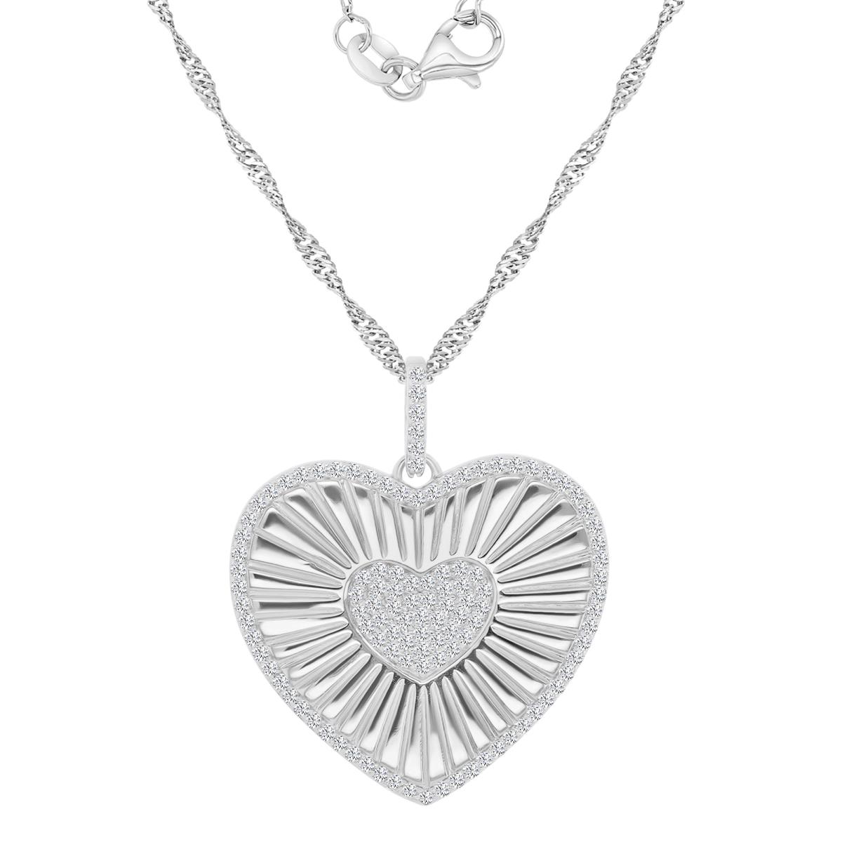 Sterling Silver Rhodium 26x31mm White CZ Fluted Heart Singapore Chain 18+2" Necklace