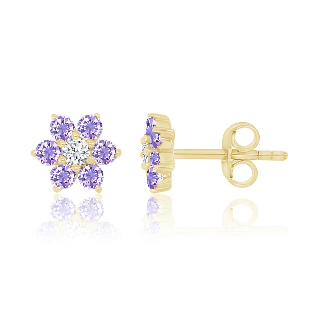 Sterling Silver Yellow 6MM Polished Lavender & White CZ Flower Stud Earrings