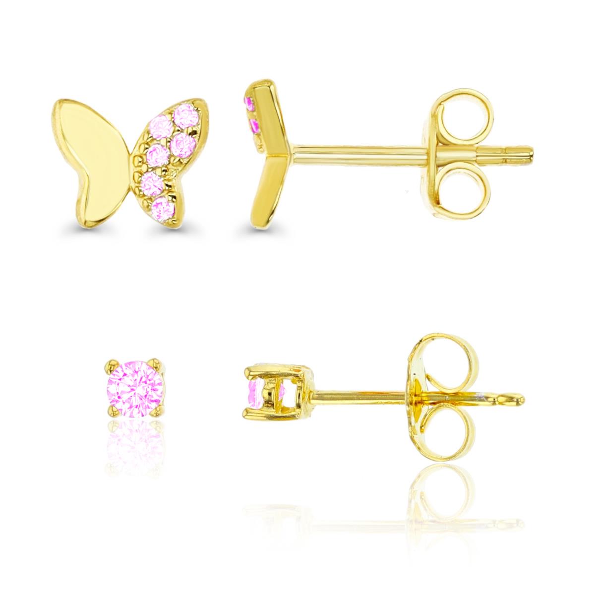 Sterling Silver Yellow 3MM;6X5 Pink CZ Round Solitaire & Half Pave Butterfly Earring Sets Set