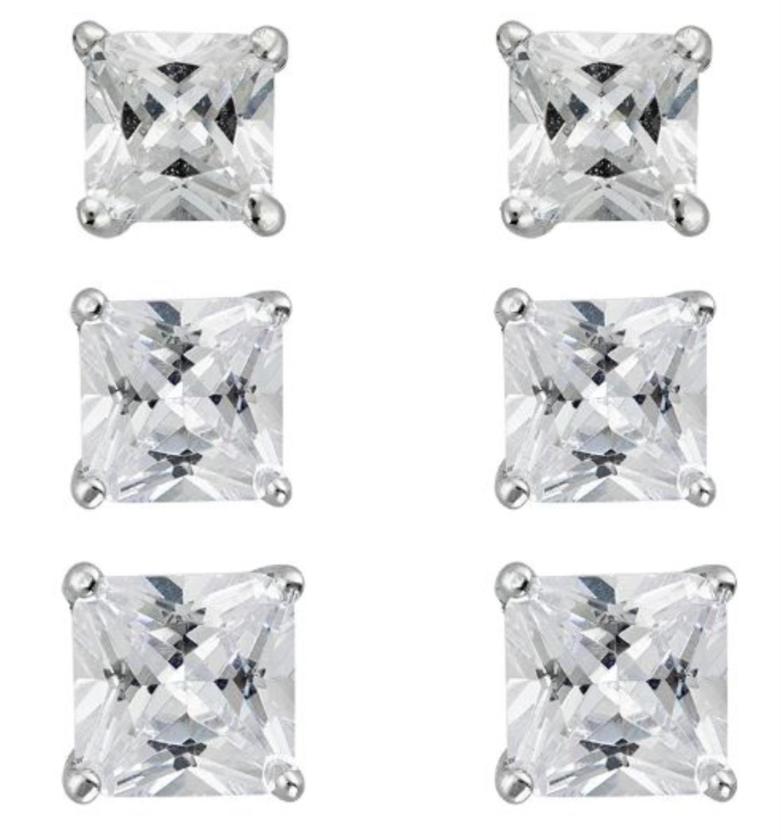 Sterling Silver Rhodium 4,5,6mm AAA Square Solitaire Stud Earring Set