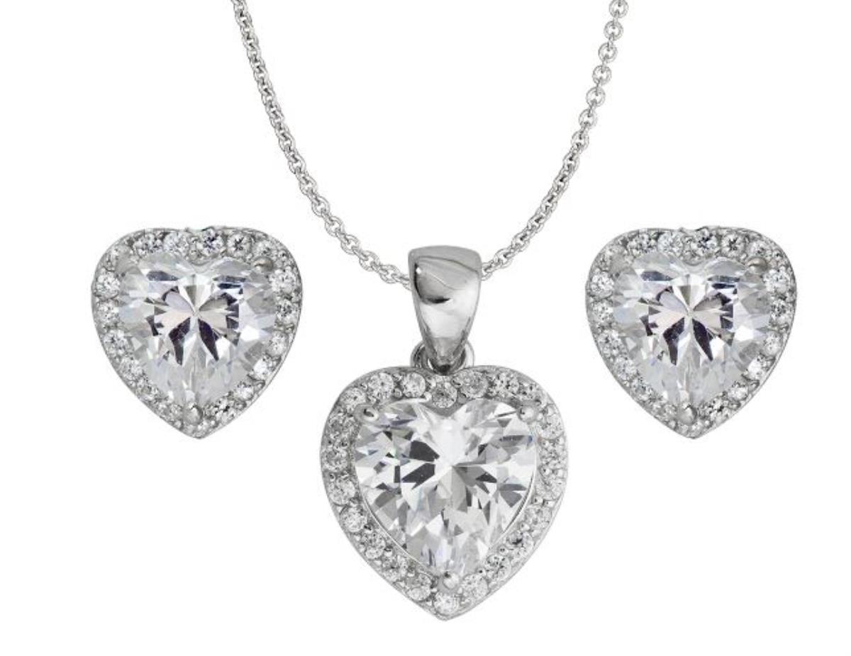 Sterling Silver Rhodium Heart Halo 18" Necklace & Earring Set