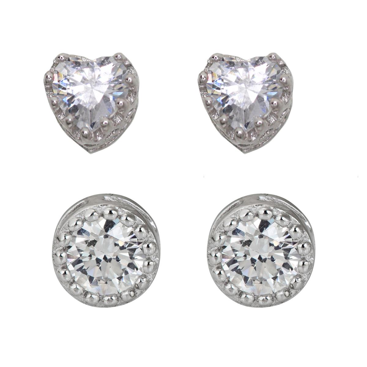 Sterling Silver Rhodium 6.10x5.9mm Round and Heart Milgrain Solitaire Stud Earring Set