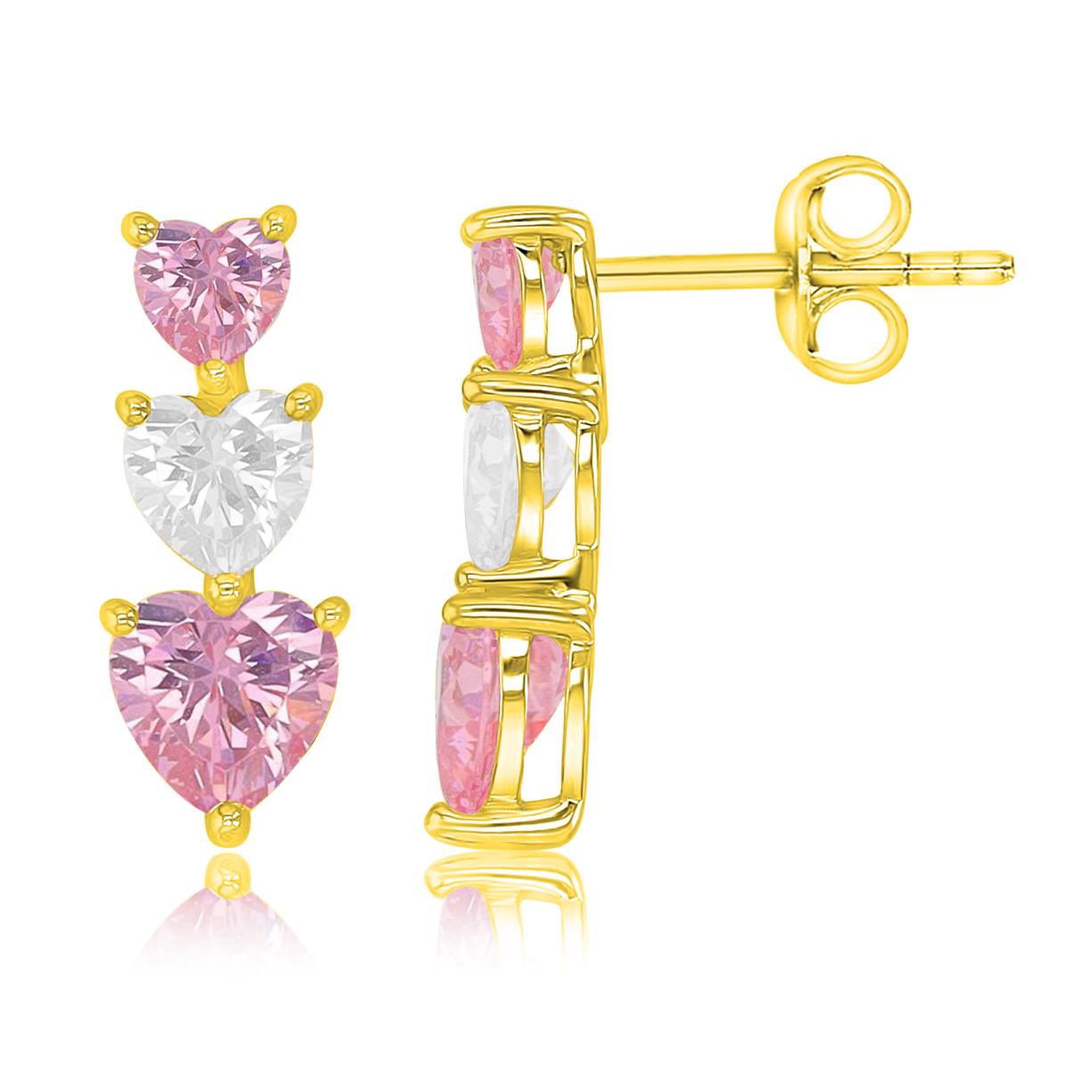 Brass Yellow 6.5X17MM Triple Heart Pink & White CZ Stud Earrings