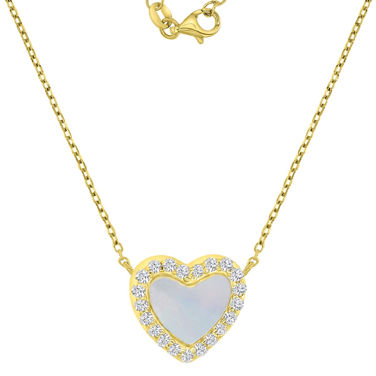 Sterling Silver Yellow 8.3x9mm White CZ & White MOP Heart 13+2" Necklace