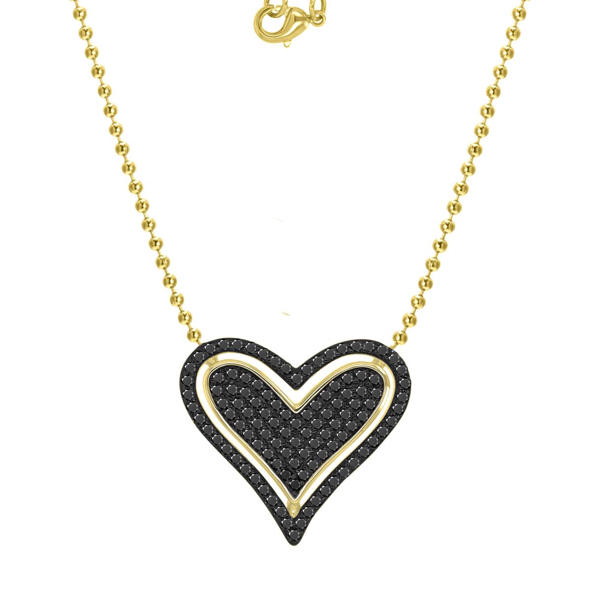 Brass Yellow & Black 17.5x19mm Black CZ Pave Dangling Heart Bead Chain 18+2" Necklace