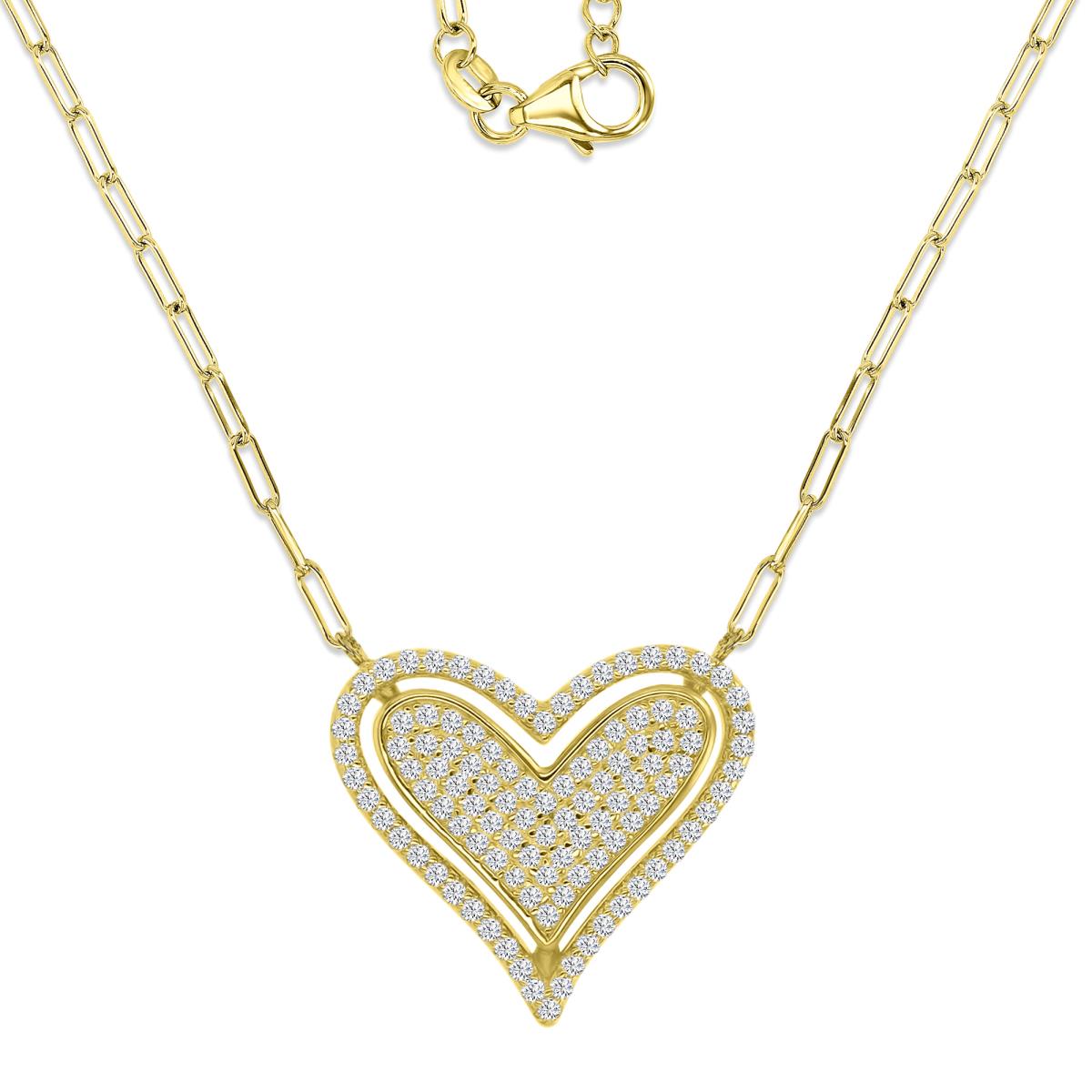 Brass Yellow 17.5x19mm White CZ Pave Dangling Heart Paperclip Chain 18+2" Necklace