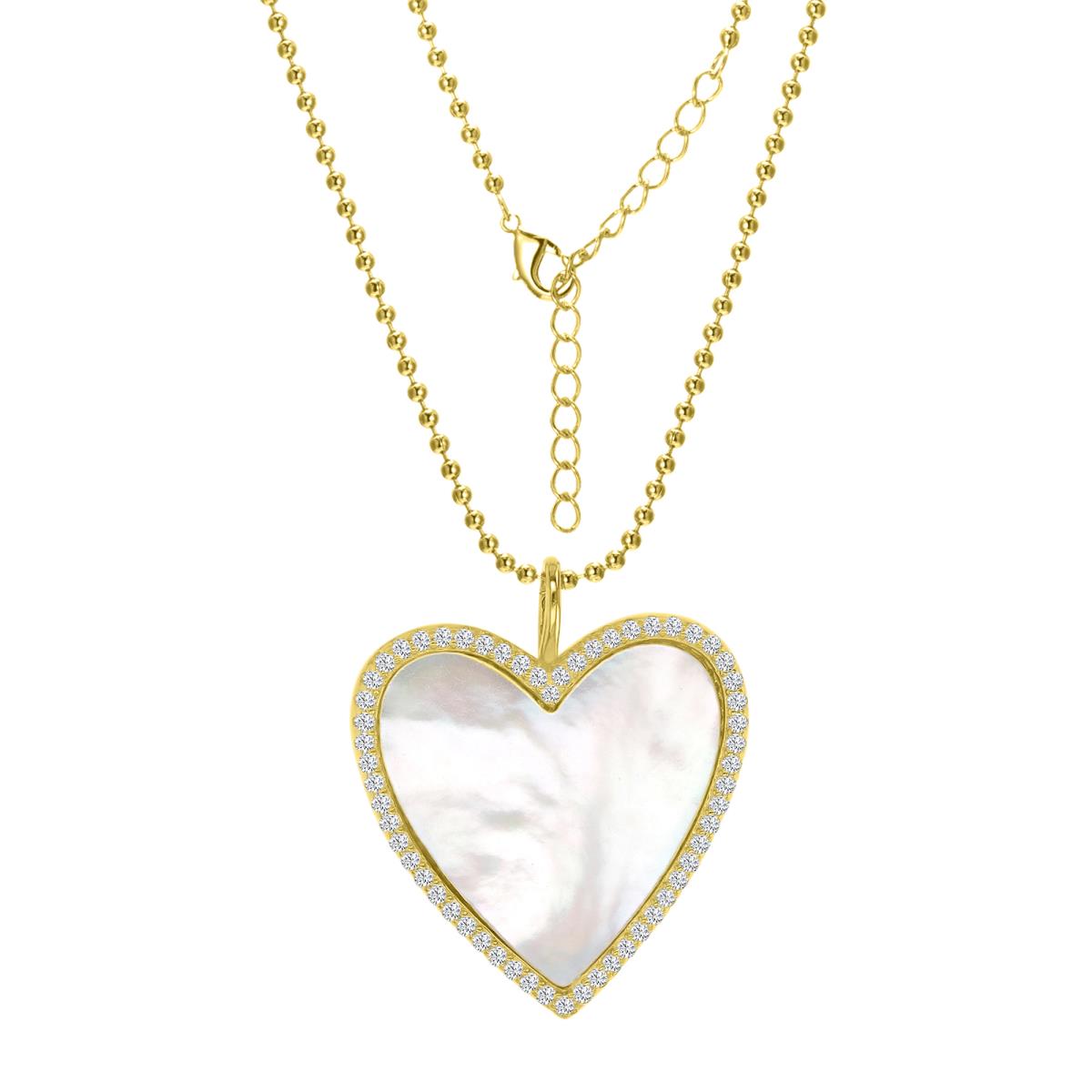 Brass Yellow 21x24mm White CZ & White MOP Heart Bead Chain 18+2" Necklace