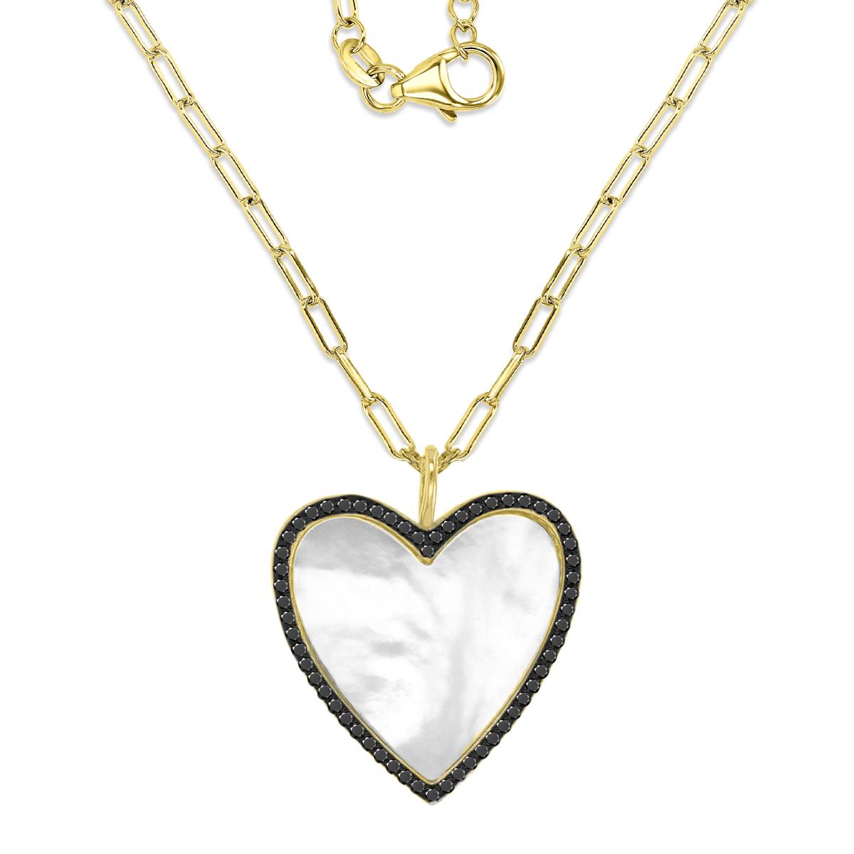 Brass Black & Yellow 21x24mm Black CZ & White MOP Heart Paperclip Chain 18+2" Necklace