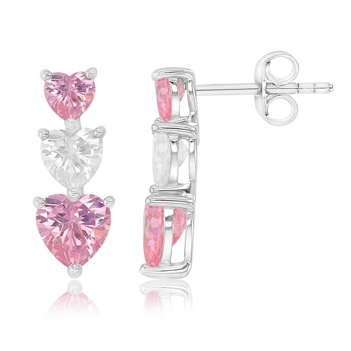 Brass White 6.5X17MM Triple Heart Pink & White CZ Stud Earrings