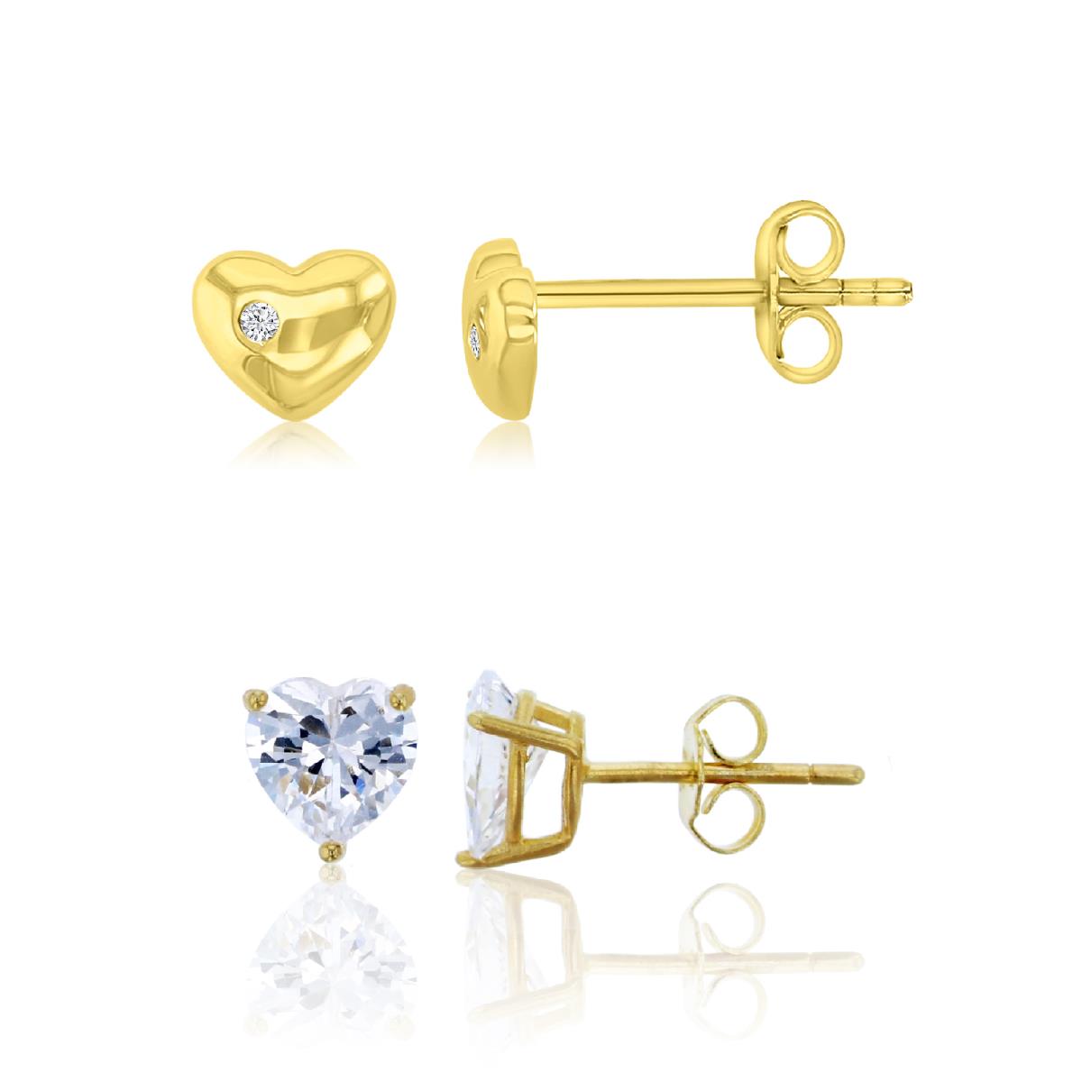 Sterling Silver Yellow 5mm White CZ Romantic Heart & 6x6mm AAA Heart Solitaire Stud Earring Set