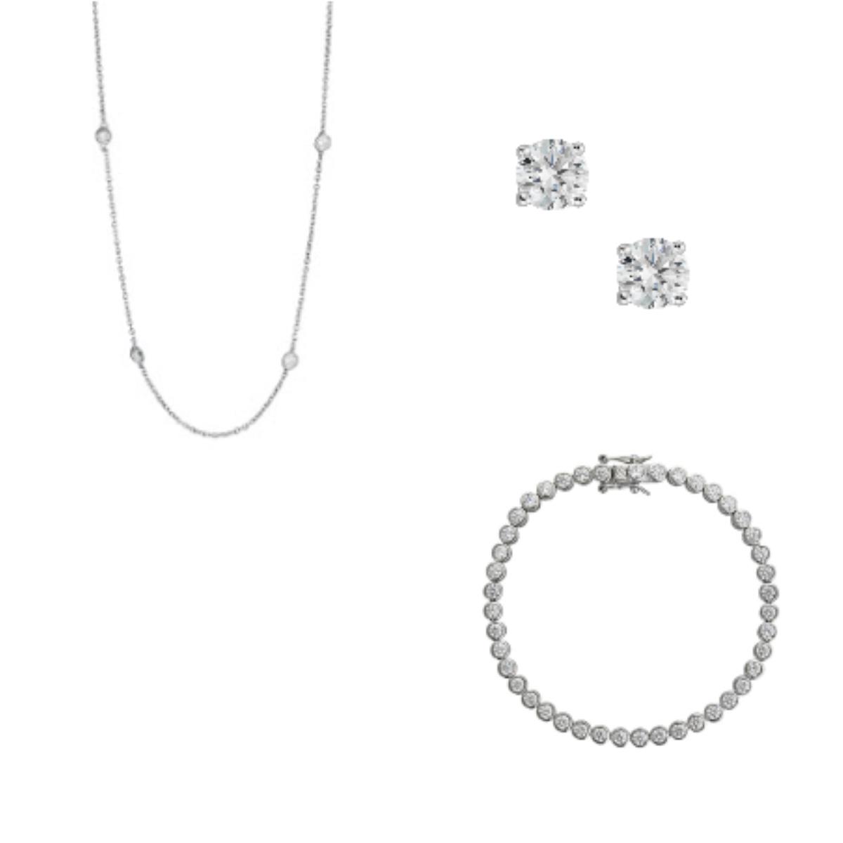 Sterling Silver Rhodium Bezel Necklace, Earring, Ring, Bracelet Set