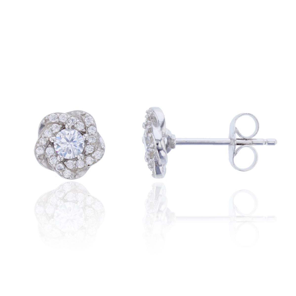 Sterling Silver Rhodium 8mm  Pave Round Cut Flower Stud Earring